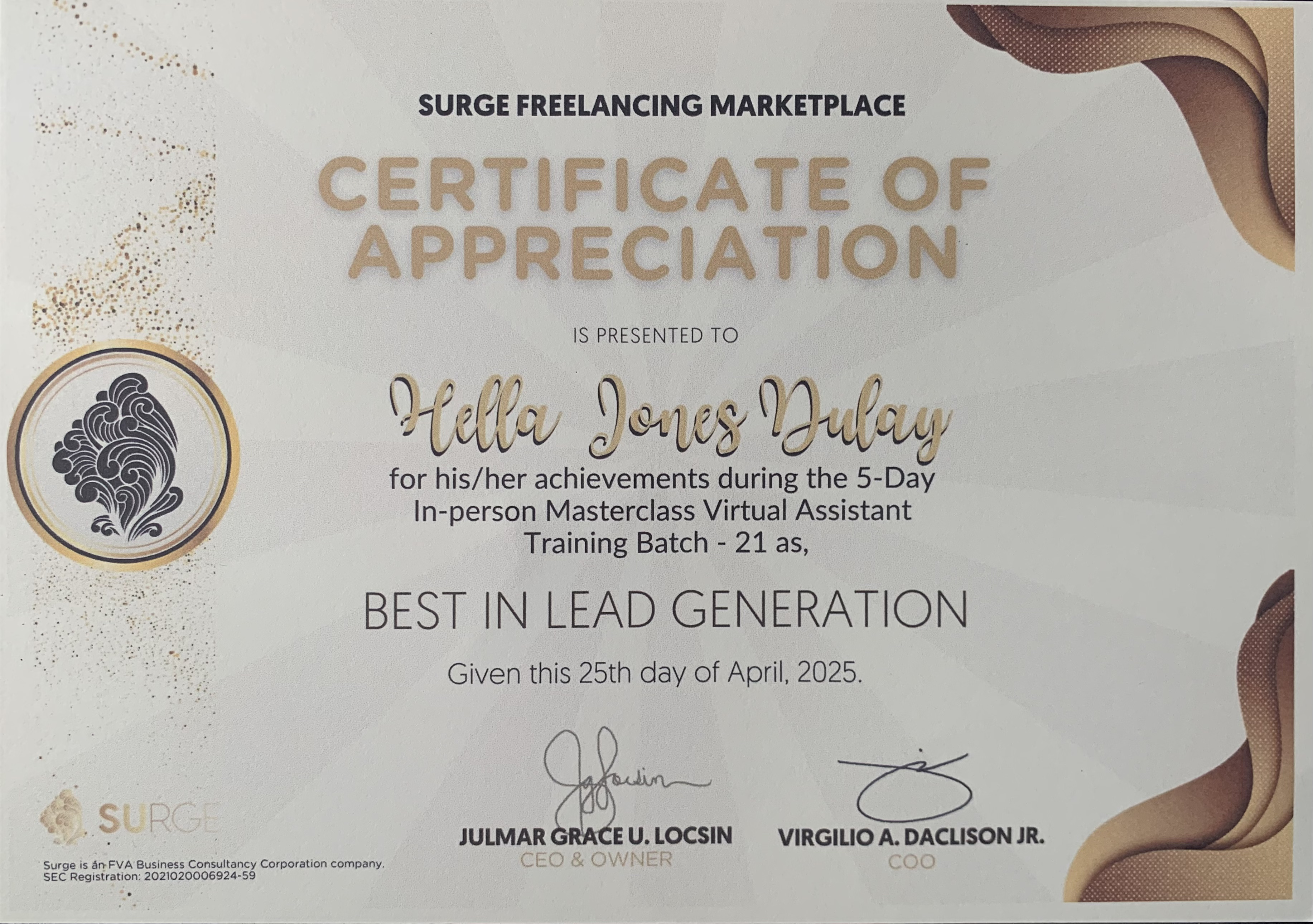 Lead Generation Certificate
